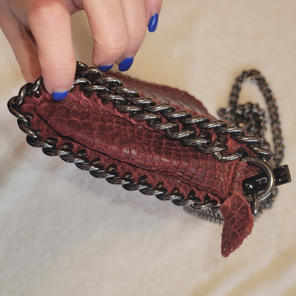 Italian Leather Snake Embossed Chain Trim Crossbody Bag Burgundy Falabella Style - Picture 5 of 8